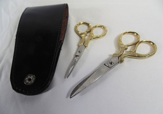 Scissor Set (2) Stainless Steel with ornate gold handles (ships from USA)