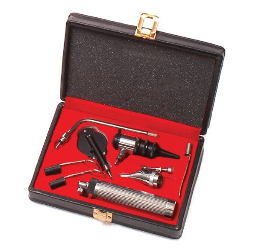 ENT Set (Ophthalmoscope, Otoscope, Nasal Speculum, Bent Arm Illuminator, Laryngeal Mirror & Tongue Blade Holder in Hard Case FAST LOCK