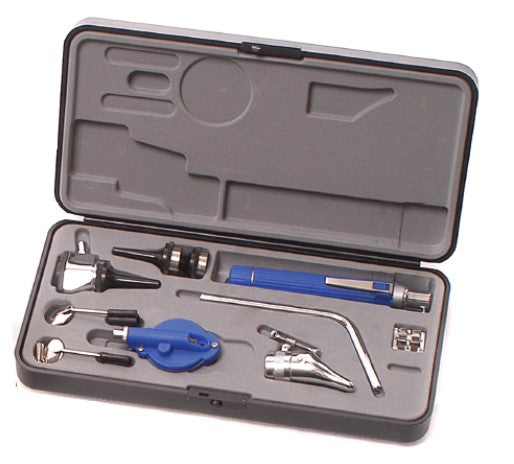 ENT Set Fibre Optic with 2.5V Halogen Light Source, 4X Fixed Lens, Re-Usable Speculae 2, 3 & 4mm, (20 – 0 +20 Diopters), Tongue Blade Holder, Nasal Speculum, Laryngeal Mirrors 3 & 4, in Molded Case