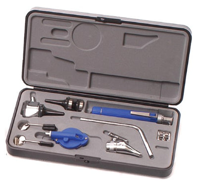 ENT Set Fibre Optic with 2.5V Halogen Light Source, 4X Fixed Lens, Re-Usable Speculae 2, 3 & 4mm, (20 – 0 +20 Diopters), Tongue Blade Holder, Nasal Speculum, Laryngeal Mirrors 3 & 4, in Molded Case