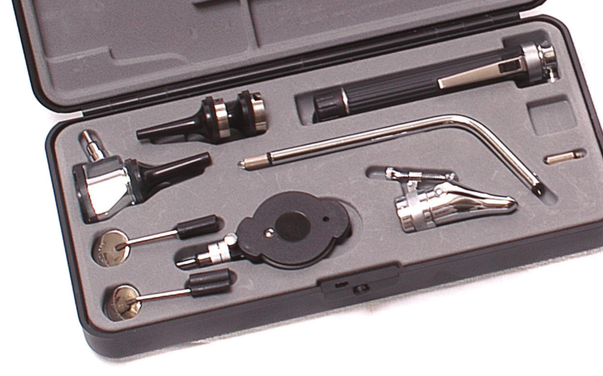 ENT Set Standard Illuminarion, 4x Fixed Lens, Re-Usable Speculae, 2, 3 & 4mm, (-20 – 0 +20 Diopters), Tongue Blade Holder, Nasal Speculum, Lanryngeal Mirrors 3 &4 in Molded Cases